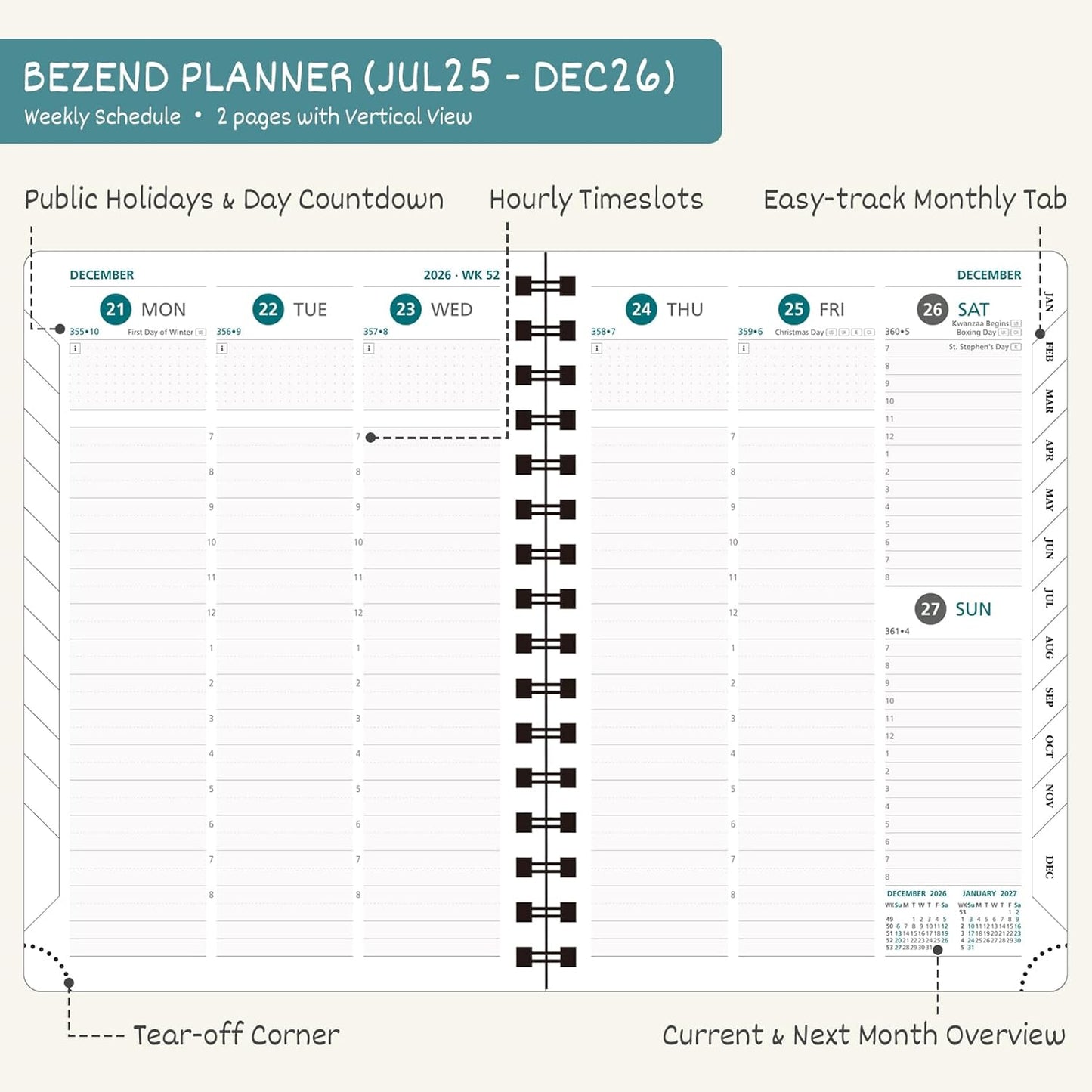 BEZEND Planner 2025-2026 Weekly and Monthly, 5.8" x 8.5" Academic Calendar (Jul 25-Dec 26) Vertical Daily Appointment with Hourly Timeslot & Monthly Tab, Spiral, PU Leather Softcover - Blueberry