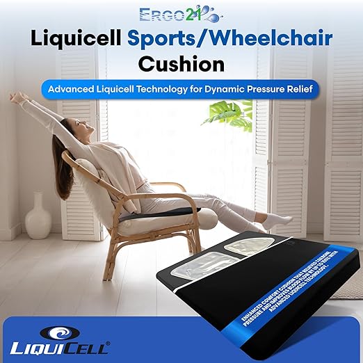 ERGO21 LiquiCell Sports Cushion - 2.5 Inch Thick Seat Pad for Tailbone, Hip & Lower Back Pain Relief - Ergonomic Comfort for Car, Office, Stadium & Wheelchairs- Better Than Gel, Foam or Air