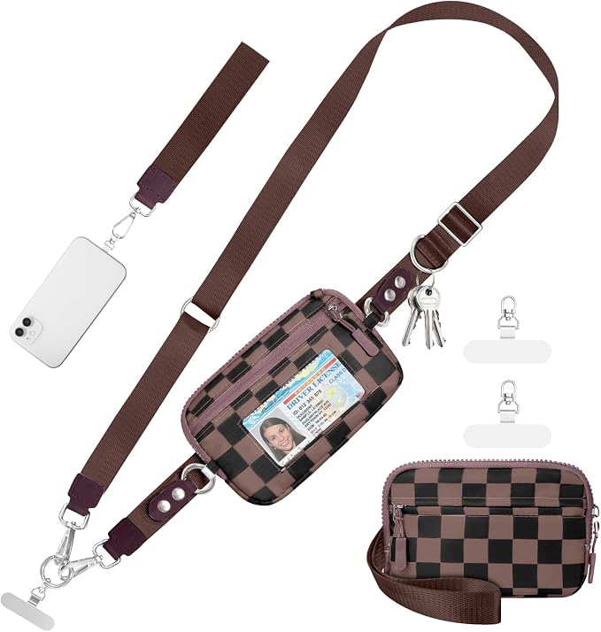 Tiostep Clip and Go Strap for Phone with Wallet Crossbody Phone Lanyard Adjustable and Detachable RFID Wristlet Wallet (Black Brown Checkered, Medium)