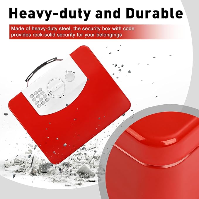 KYODOLED Red Safe Box with Digital Keypad Lock, Lock Box with Code for Personal Items, Metal Security Box for Cash, Passport, Jewelry, Ideal for Home, Office, Garage Sale, 11.8'' x 9.4'' x 3.5''