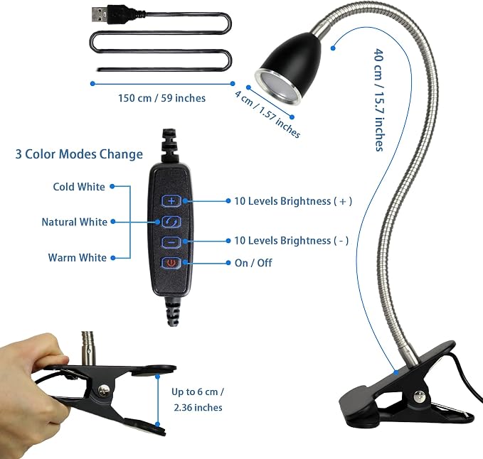 Desk lamp Eye-Caring Table Lamps, 360°Rotation Gooseneck Clip on Lamp Reading Light, Portable Reading Book Light, Clamp Light, Study Desk Lamps for Bedroom and Office Home Lighting (Black with Dimmer)
