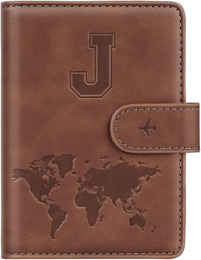 Passport Holder Wallet Cover Personalized Initial Travel Essentials | Embossed Letter A-Z Design, Travel Wallets, RFID Blocking, Passport Book Holders, Women Men, Personalized Gifts, Brown-J