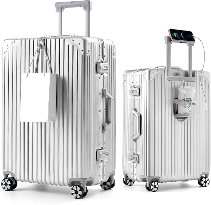 20-Inch Aluminum Frame Hardside Carry On Luggage, Metallic Silver | Zipperless PC suitcase, airline approved, dual TSA locks, cup holder, USB port, phone stand, bag hook, spinner wheels