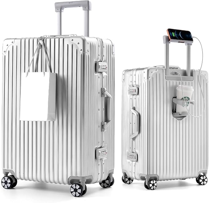 24-Inch Aluminum Frame Hardside Checked Luggage, Metallic Silver | Zipperless medium PC suitcase, vacation essentials, dual TSA locks, cup holder, USB port, phone stand, spinner wheels