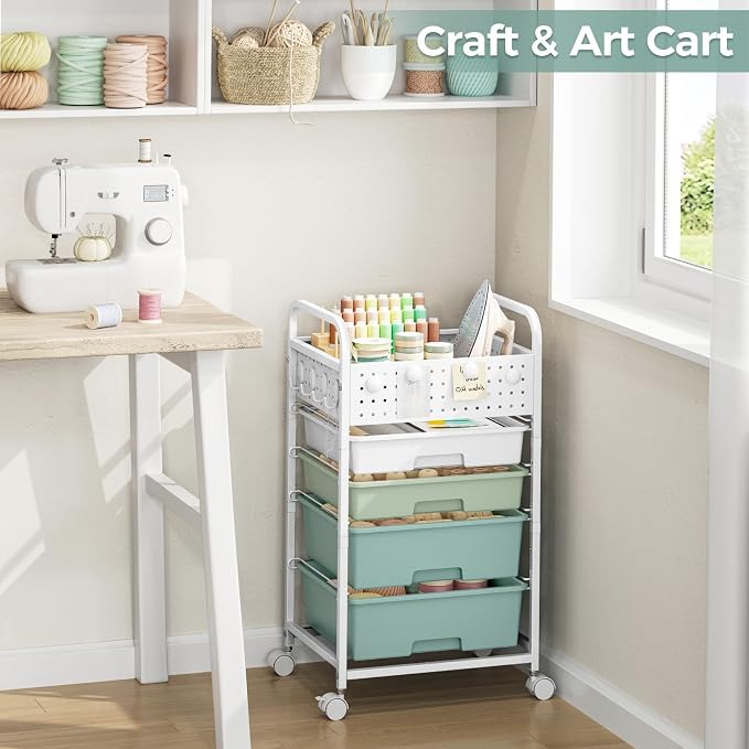 4 Drawer Rolling Storage Cart with Pegboard Top and Hooks, Gradient Green | Mobile Organizer Cart with Wheels for Office Supplies, Craft Storage, Classroom Organization, Home Utility Cart