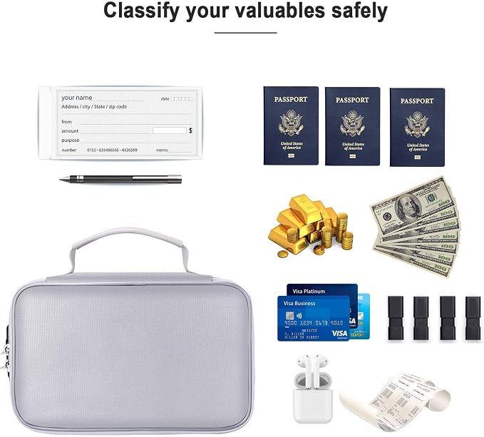 ENGPOW Small Fireproof Storage Organizer Case with Lock, 9”x 5.3”x 3.7” | Money Safe Wallet Carrying Bag with Multi-Pocket,Portable Home Travel for Cash,Card,Passport,Coin,Check,Bill,Soft Box,Silver