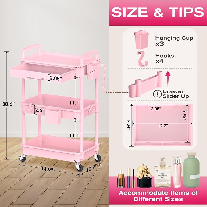 Goovilla Rolling Makeup Organizer Cart with Removable Drawer, 3 Tier Pink | Stable Floor Skincare Storage Cart for Vanity, Cosmetic Display, Nail Polish, Perfume, Hair Stuff, Beauty, Bathroom(Plastic)