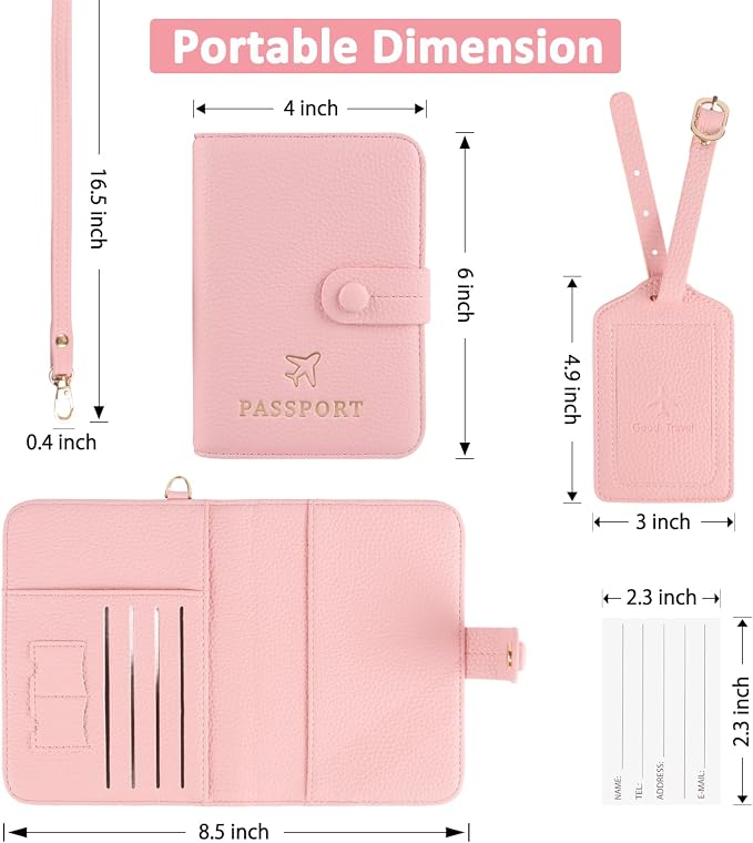 Passport Holder RFID Protected Wallet and Luggage Tag with Protection Cover Travel Accessories Leather Card Case Organizer for Women Men (Pink)