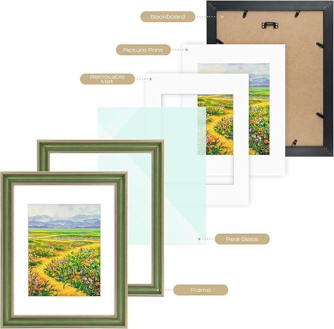 Golden State Art, 11x14 Photo Frame With Mat for Pictures 8x10 and Real Glass (Green With Gold Trim - White Color Mat, 1.25 Inch Frame Border)