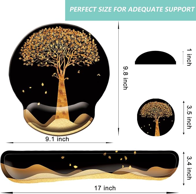 Keyboard Wrist Rest Pad Mouse Pad with Wrist Support Set of 3, Mousepad with Non-Slip Rubber Base, Ergonomic Memory Foam Mouse Wrist Cushion Support for Home Office Laptop Computer, Tree