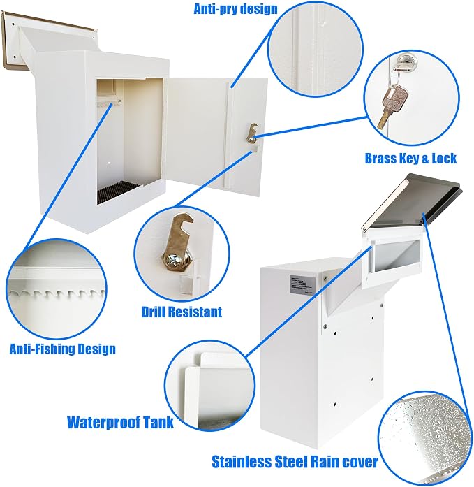 Through-the-Wall Locking Mailbox with Anti-Fishing Chute | Heavy-Duty Steel Mail Drop Box with Rainproof Cover & Adjustable Sleeve for Homes, Offices & Apartments, White