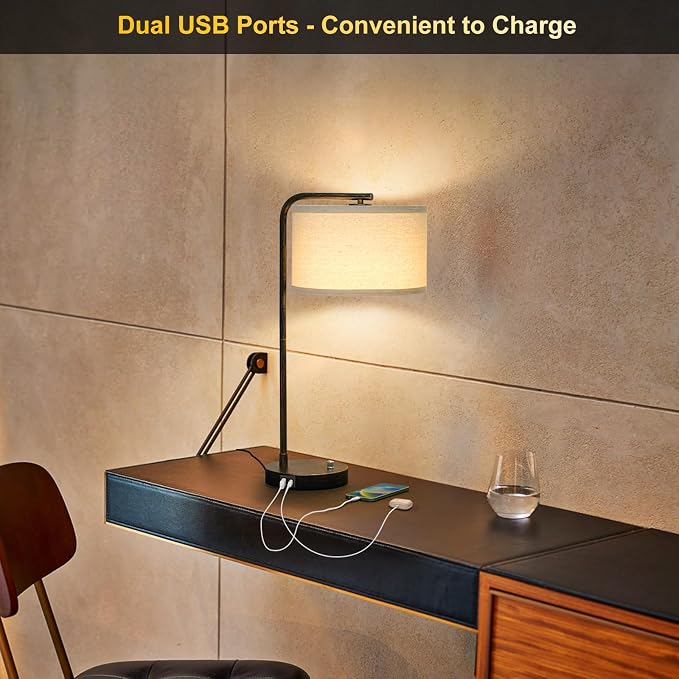 25" Tall Bedside Table Lamp with USB C+A Ports, Fully Dimmable Desk Lamp | Industrial Minimalist Nightstand Lamp, Vintage Reading Light for Bedroom Living Room Office, 3000K LED Bulb Included