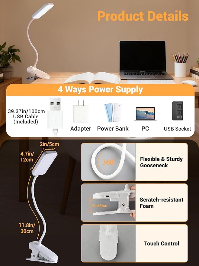 Clip on Lamp, 9 Brightness+5 Colors Reading Lights for Books in Bed Lamp | 4000mAh Battery Clip on Light,450 Lumen Rechargeable Desk Lamp for Dorm Lamp,Book Light for Reading in Bed Headboard/Bedside