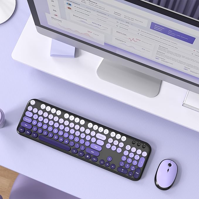 MOFII Wireless Keyboard and Mouse Combo, Full Size 2.4G Retro Round Computer Keyboard and Mouse Set, Plug and Play, for Windows, Computer, Desktop, PC, Notebook - (Black Purple Gradient)