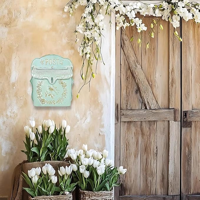 Mailbox Wall Mount Mailboxes for Outside Vintage Mail Boxes for House Outside Metal Drop Box Antique Style Nostalgic Charm Home Decorative, Bird Pattern, Green