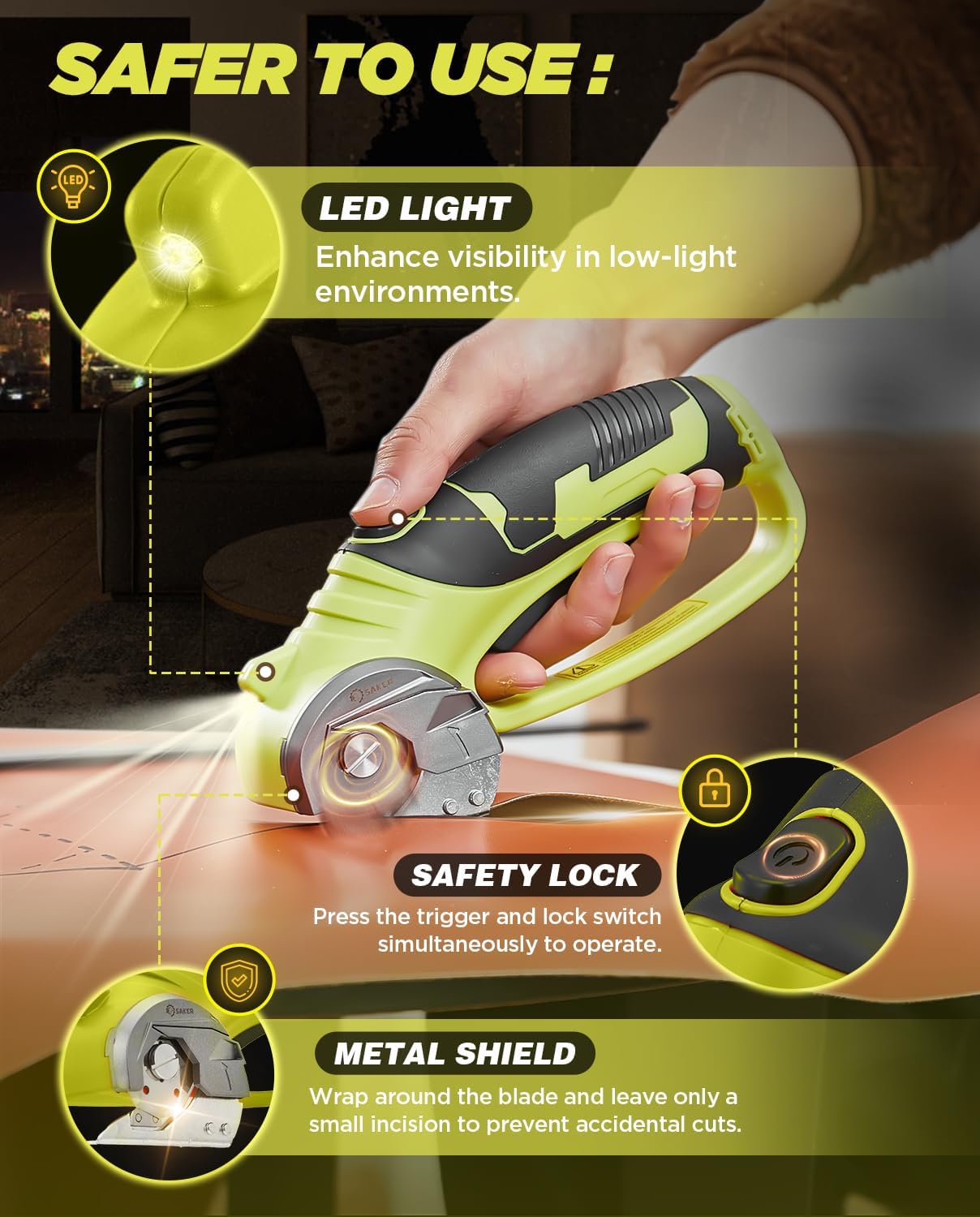 Saker Electric Box Cardboard Cutter,Cordless Elwetric Scissors for Fabric Leather Paper Plastic - Card Board Cutter Tool with 4V Recharged Battery - Safety Lock and LED Light for Cutting,Green