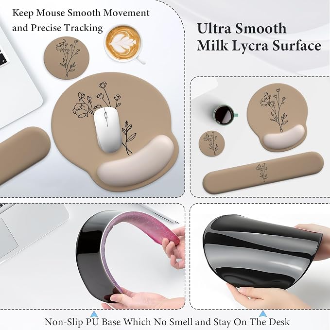 3 in 1 Ergonomic Mouse Pad and Keyboard Wrist Rest with Coaster Set-Brown | Cute Large Mousepad with Gel Wrist Support for Gaming Computer Laptop Women Office Home Desk Decor