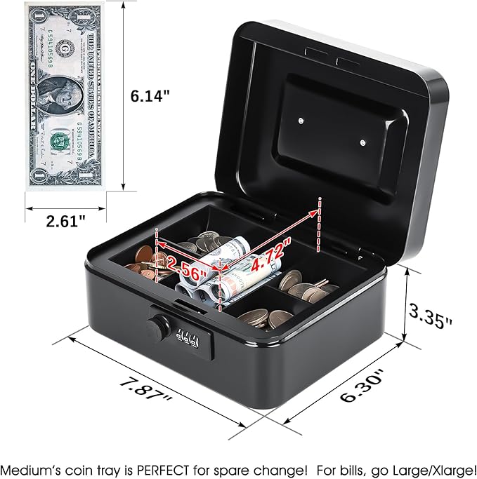 KYODOLED Metal Cash Box with 3-Digit Combination Lock & Money Tray - Secure Safe for Home, Office & Events, Ideal for Cash, Meds & Small Items, 7.87" x 6.30" x 3.35", Black, Cold-Rolled Steel, 4PACK