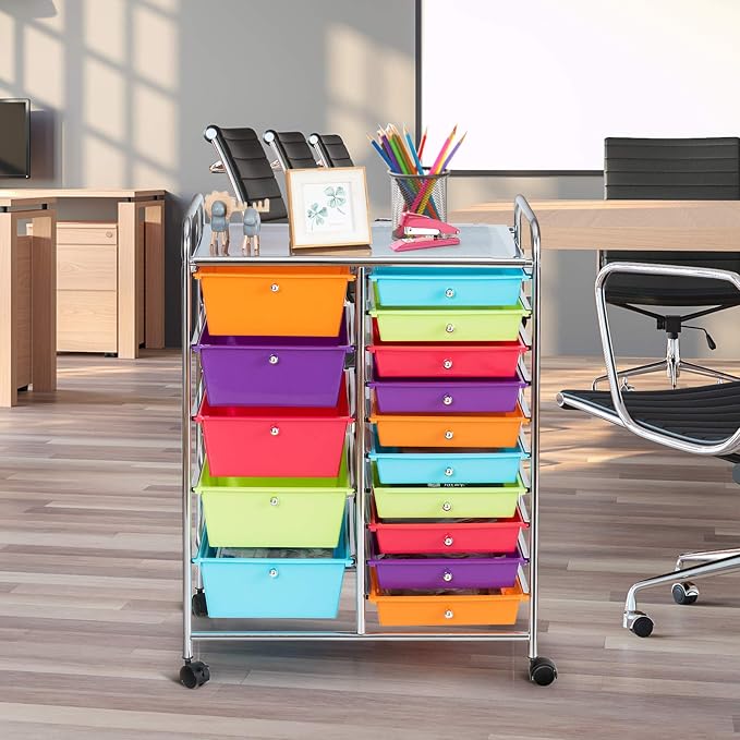 15 Drawer Rolling Storage Cart, Rolling Cart with Drawers for Classroom, Art Supply Craft Organizer on Wheel with Metal Frame & Handles for Home Office School