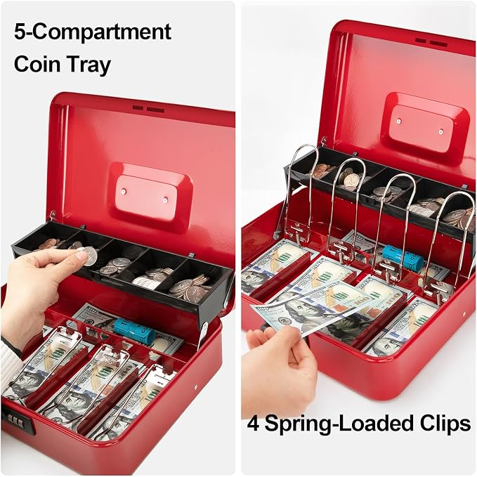 Jssmst Cash Box with Money Tray and Lock - Red Cash Box with Combination Lock Safe Money Box Large, Locking Cash Register Drawer Box, 11.8'' x 9.5'' x 3.5'', SM-CB005RED