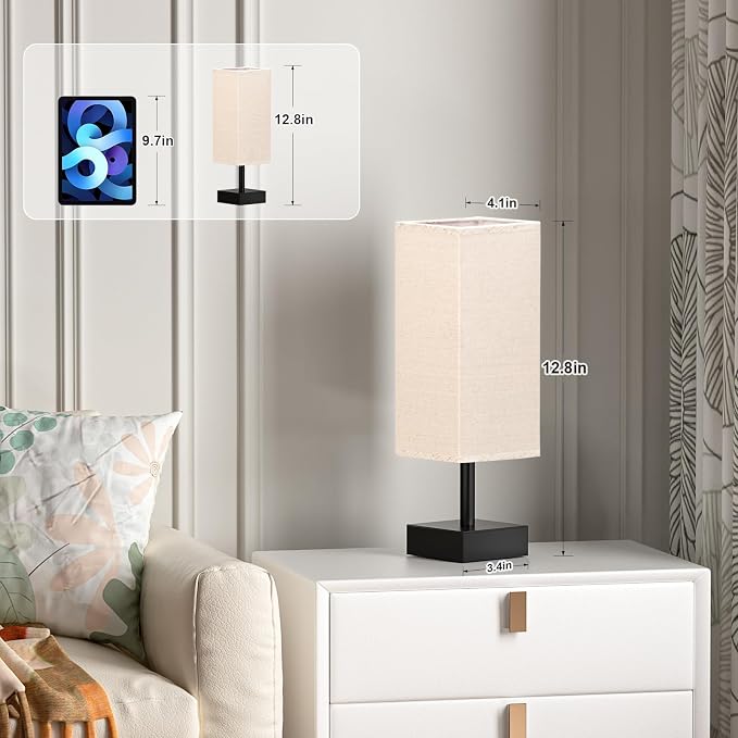 aooshine Small Bedside Table Lamp for Bedroom - Square Beige Fabric Shade | Inline Rocker Switch, Corded Electric, Bulb Not Included, 12.8" Mini Table Lamp for Nightstand, Desk, Dorm, Office