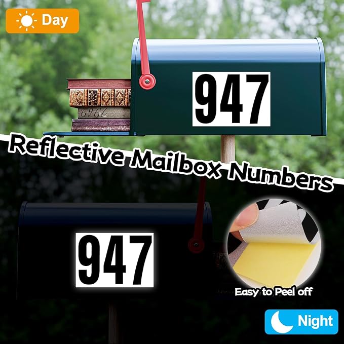 Reflective Number Stickers, 6 Sets 2 Inch Vinyl Waterproof Black Mailbox Numbers for Outside, Strong Self-Adhesive House Numbers Decals for Mailbox Door Signs Trucks