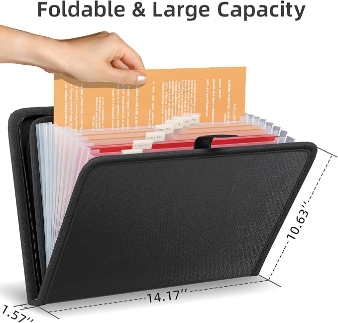 Fireproof Accordion File Organizer, Expanding File Folder with 13 Pockets | Portable Document Organizer with Waterproof Zipper & Labels, File Organizer for Important Document/Paper Storage, Black