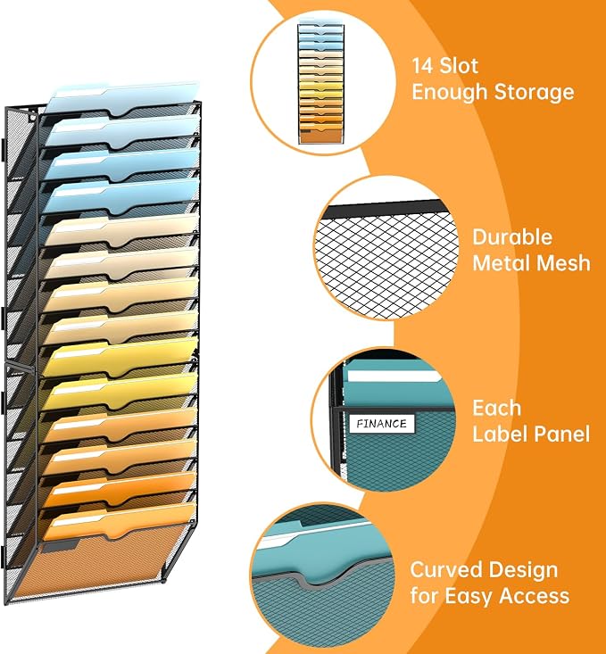 14 Tier Wall File Organizer, Hanging Wall Mounted Mail Organizer with Label Slots, Metal Mesh File Holder Magazine Rack for Office, Home, School or Classroom, Black