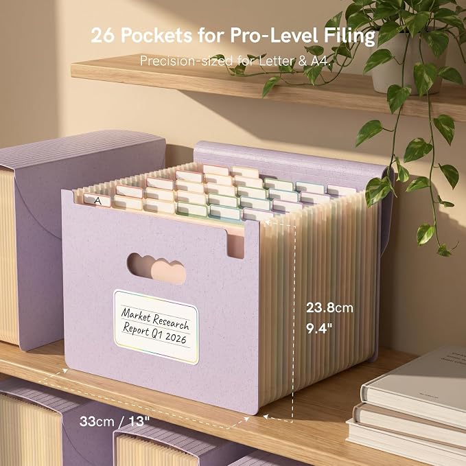 ABC life 26 Pockets Accordion File Organizer, Dusty Lavender | Expanding File Folder for Letter/A4 Size, Portable Document Holder with A-Z Tabs for Tax Receipt, School, Home, Office