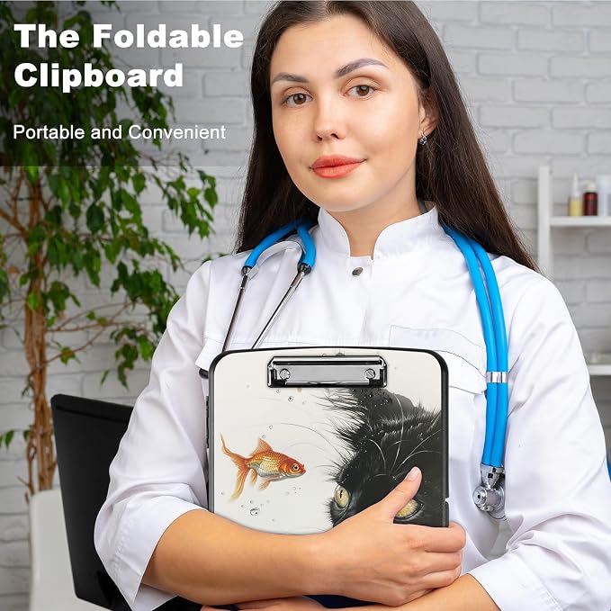 Clipboard with Storage,Storage Clipboard with Pen Holder,Heavy Duty Plastic Storage Clipboard with Low Profile Clip,Teacher Must Haves,Clipboard Folder,Office Supplies,Cat and Beautiful Fish
