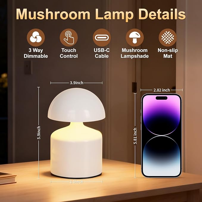 SAIWEYA Modern Cordless Mushroom Small Table Lamp, Dimmable Touch Battery | 3-Way Dimmable, Mini Rechargeable LED Desk Lamp, Night Light, Bedside Nightstand Lamps for Bedroom, Living Room