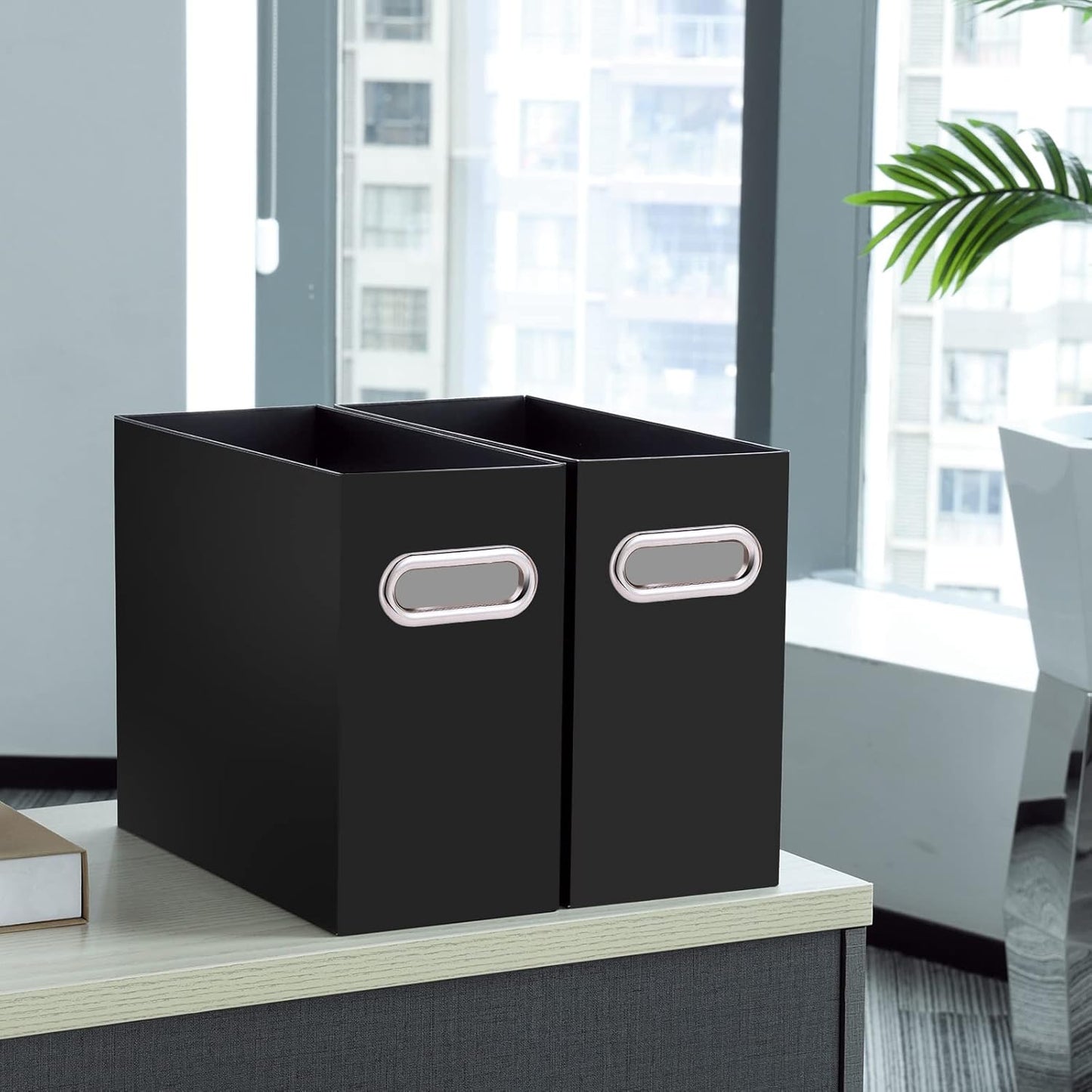 Oterri File Organizer, 4 Packs Small Storage Box, Cardboard File Folder Organizer, Collapsible File Box for Hanging File Folders Letter Size, Portable Filing Organizer with Handle（Black）