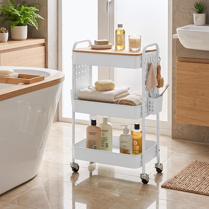 3 Tier Rolling Cart with Table top, Metal Utility Cart with DIY Pegboard | Sturdy Storage Organizer Cart with Locking Wheels,Hooks& Cups for Office, Classroom, Kitchen and Bathroom, White