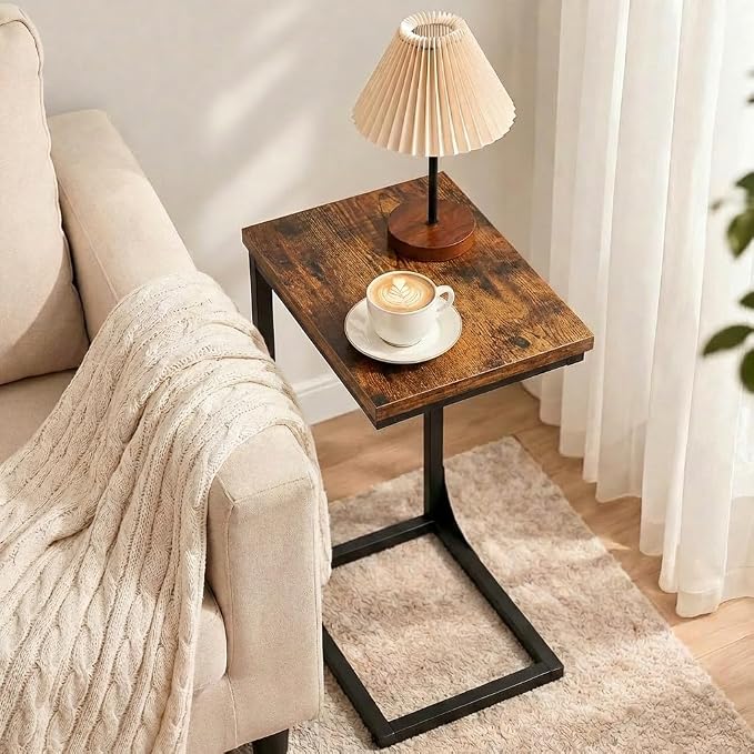 TEMI C Shaped End Table for Couch with Charging Station, Small Side Table TV Tray for Eating or Laptop, Accent Desk for Sofa or Chair, Space Saving Living Room Bedroom, Rustic Brown