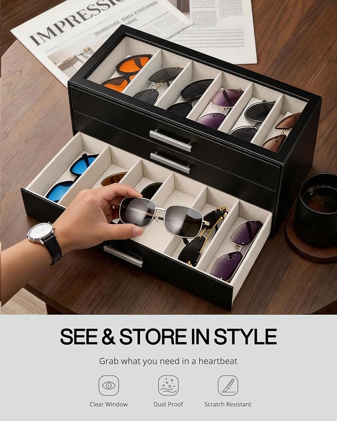 ProCase Sunglasses Organizer Box with Clear Glass Lid, PU Leather Eyeglass Storage Display Case for Men and Women