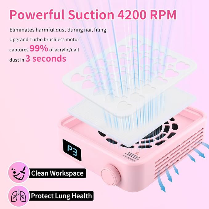 BQAN Portable Nail Dust Collectorwith 4200RPM Fan for Acrylic Nail Pink | 10pcs Filter Papers & Nail Brush Include | Strong Suction | Adjustable Speed | For Acrylic & Gel | Professional & Home Use