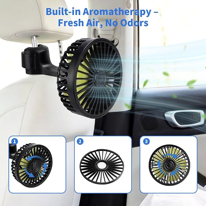 Kwak's Car Fan for Back Seat Clip-on USB, 3-Speed Quiet Portable | 55" Long Cord|Built-in Fragrance Slot|5 Quiet Blades| Reversible Mount| fits Headrest Rods|for Car/Office/Home.