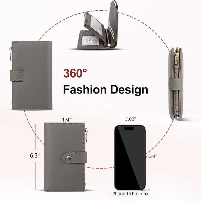 yiijay Women's Wallet RFID Blocking Leather Trifold Clutch Wallet Credit Card Holder Ladies Travel Wallet Purse with Passport/Pen Holder