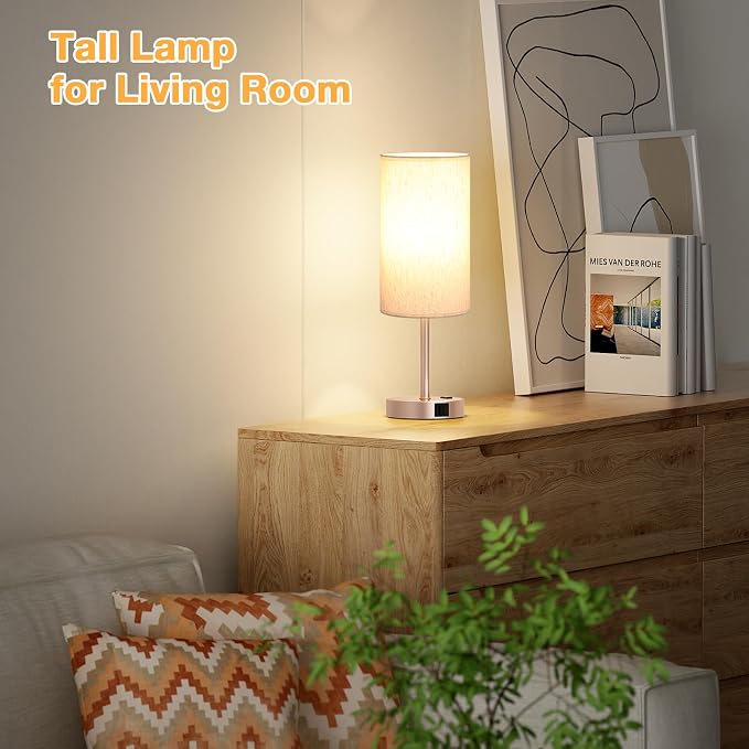 Dicoool 17.4" Bedside Lamp for Bedroom - Dimmable Touch, USB A+C, AC Outlet | LED Bulb Included, 3-Way Dimmable, 17.4" Table Lamp for Living Room, Dorm, Cream Fabric Lampshade, Antique White Metal Base