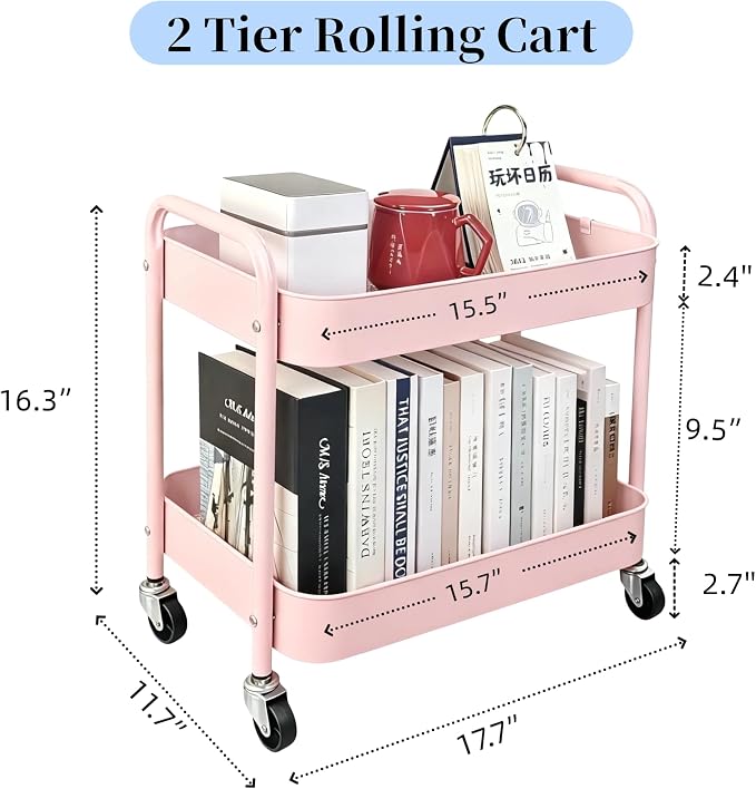 2 Tier Pink Rolling Cart with Wheels for Under Desk Storage, Large Capacity Rolling Pantry & Kitchen Storage Cart for Small Space, Sturdy Metal Bathroom Shelf Laundry Room Organization