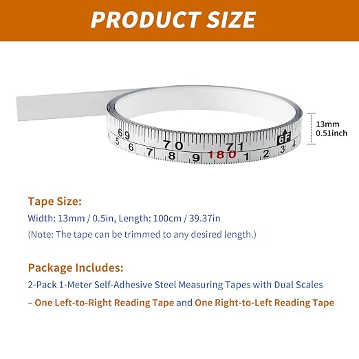 2-Pack Steel Self-Adhesive Measuring Tape, 100cm/39Inch | Imperial & Metric Stick-on Ruler, Left to Right and Right to Left Reading Tape Measure for Woodworking, Workbench, Table Saw