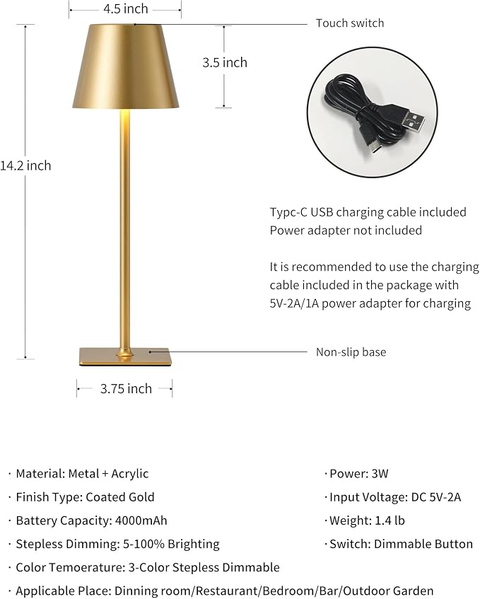KDG Gold Cordless Table Lamps Set of 2, 4000mAh Rechargeable LED Desk Lamp | Portable, Battery Operated, 3 Color Stepless Dimming, for Restaurant, Outdoor Camping, Coffee Shop, Bedroom, Night Light