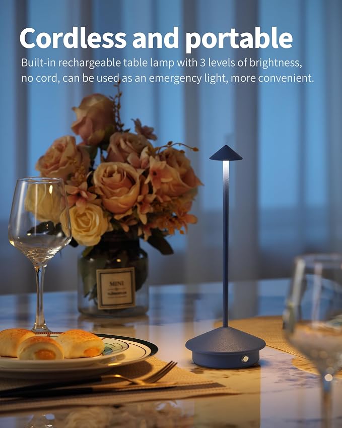 Modern Cordless Table Lamp Set of 2, Blue Portable LED Desk Lamps | 4000mAh, Rechargeable, Battery Operated Lighting for Bedroom, Dining Room, Restaurant, Coffee Shop, Camping, Night Light
