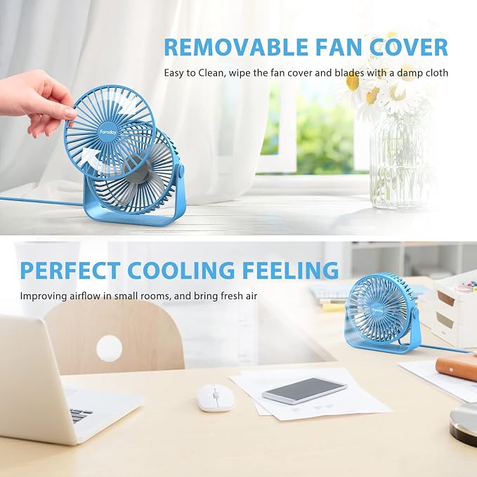 FARADAY USB Desk Fans 5 Inches Portable Table Fans 360° Head Rotation Small Personal Desktop Fan for Home Office, 3 Speeds, Blue