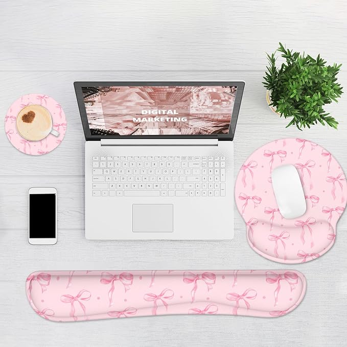 Ergonomic Mouse Pad with Wrist Rest and Keyboard Wrist Rest, Mousepad | Memory Foam Wrist Rest for Computer Keyboard, Pain Relief, Non-Slip Rubber Base, Mouse Pad Wrist Support for Gaming, Pink Bow