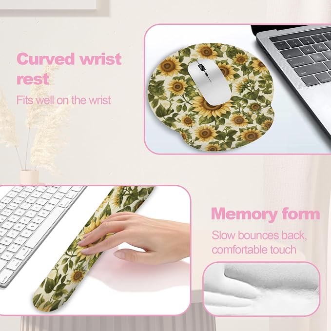 Vintage Sunflower Ergonomic Wrist Support Keyboard Mouse Wrist Rest Set, Computer Office Comfortable Wrist Rest for Mouse Easy Typing