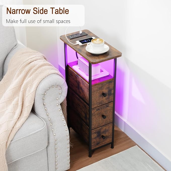 Narrow End Table with Charging Station, Small Nightstand | Skinny Side Tables Living Room with 3 Fabric Drawers, Slim Bedside Table with LED Lights for Bedroom, Small Spaces, Brown