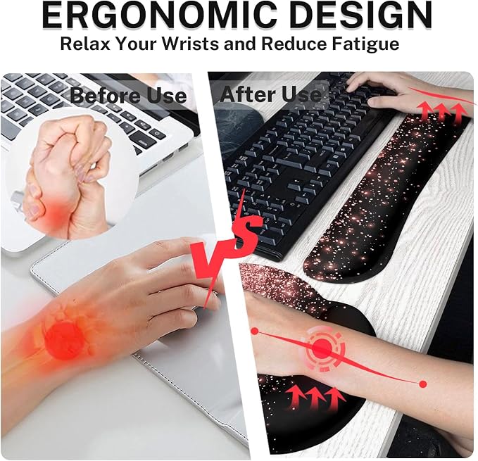 Ergonomic Mouse Pad Set with Wrist Rest, Rose Gold | Pink Black Golden Non-Slip Rubber Base Wrist Cushion Support and Coasters Mousepad with Wrist Support for Computer Keyboard