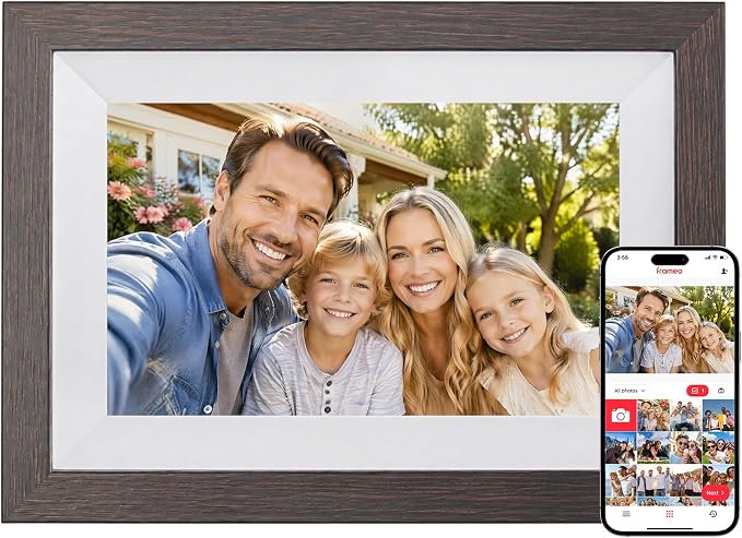 Frameo Digital Picture Frame WiFi 10.1inches Digital Photo Frame, Electronic Photo Frame Load from Phone, 1280x800 IPS Touch Screen HD Display, Auto-Rotate, Share Photos/Video-Great Gift(Brown Wood)