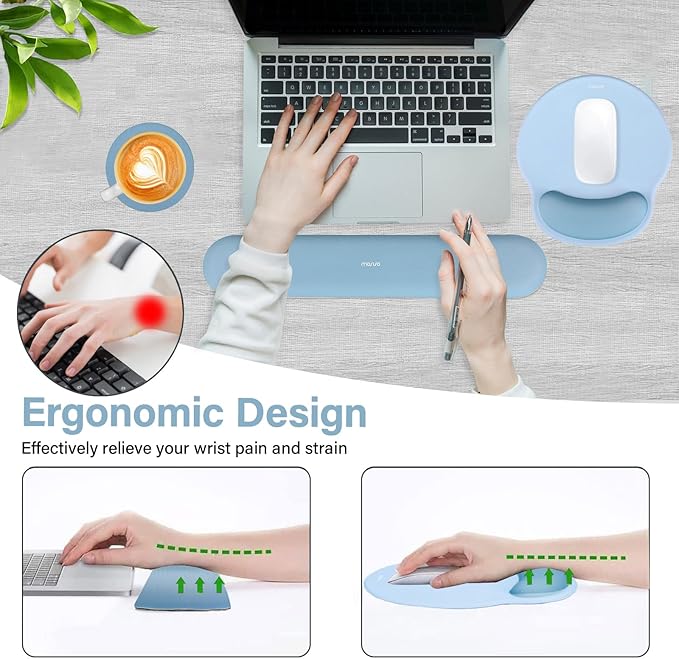 MOSISO Wrist Rest Support for Mouse Pad&Keyboard Set, Air Blue | Circle Curved Ergonomic Mousepad Non-Slip Base Home/Office Pain Relief&Easy Typing Pad with Soft Cloth&Silicone Lining